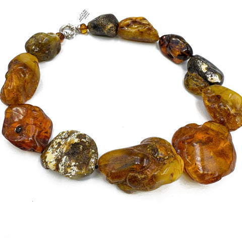 Multi-Color Amber Big Nugget Beads Necklace Sterling Silver