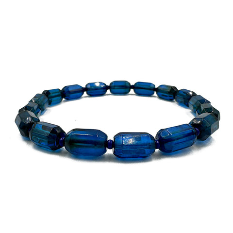 Blue Amber Faceted Barrel Beads Stretch Bracelet