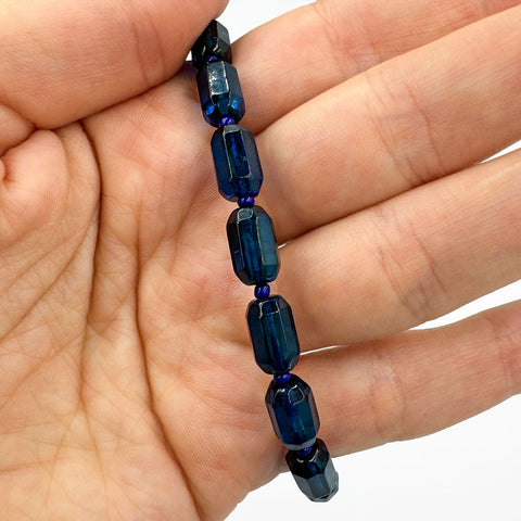 Blue Amber Faceted Barrel Beads Stretch Bracelet