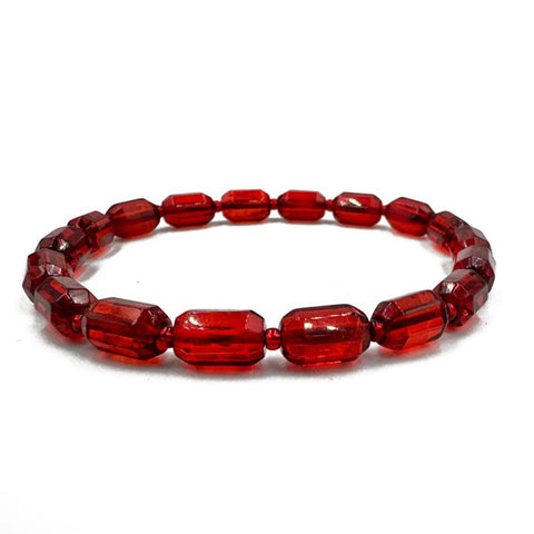 Red Amber Faceted Barrel Beads Stretch Bracelet