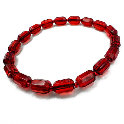 Red Amber Faceted Barrel Beads Stretch Bracelet