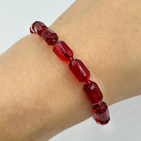 Red Amber Faceted Barrel Beads Stretch Bracelet