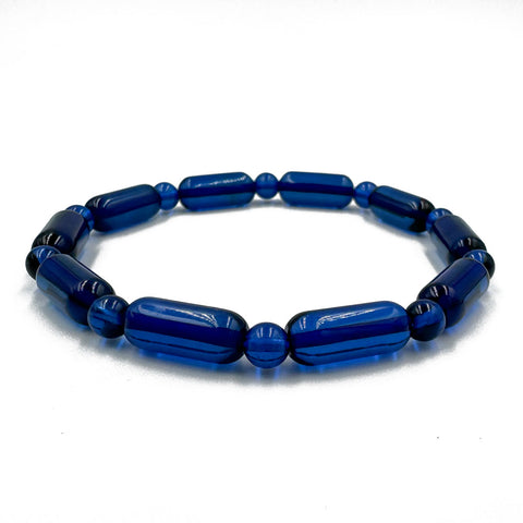 Blue Amber Barrel Beads Stretch Bracelet