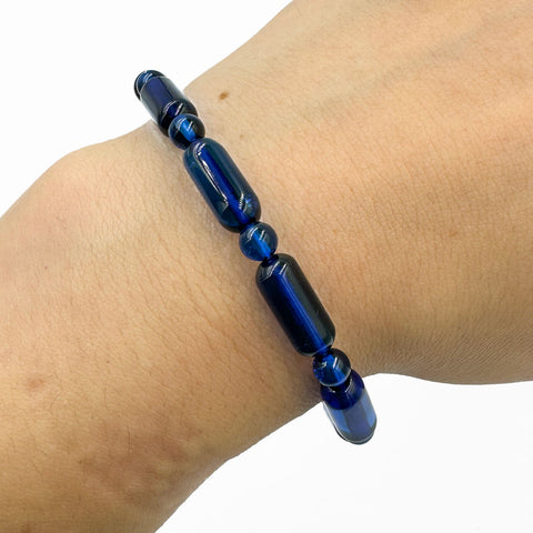 Blue Amber Barrel Beads Stretch Bracelet