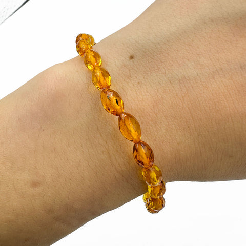 Cognac Amber Faceted Olive Beads Stretch Bracelet