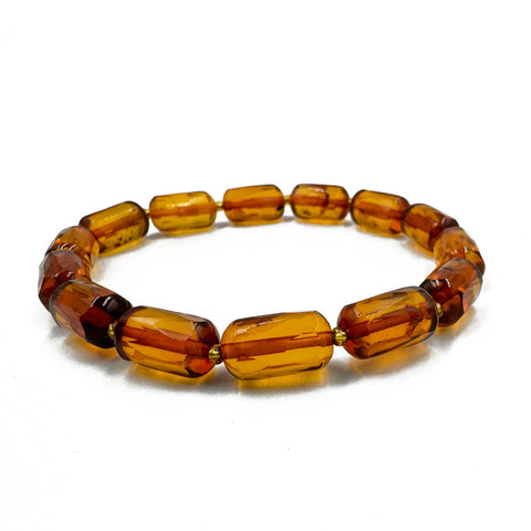 Cognac Amber Faceted Barrel Beads Stretch Bracelet