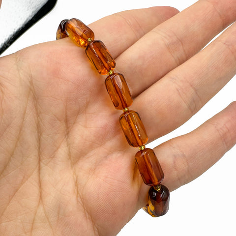 Cognac Amber Faceted Barrel Beads Stretch Bracelet