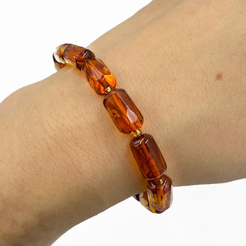 Cognac Amber Faceted Barrel Beads Stretch Bracelet