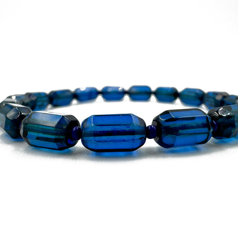 Blue Amber Faceted Barrel Beads Stretch Bracelet