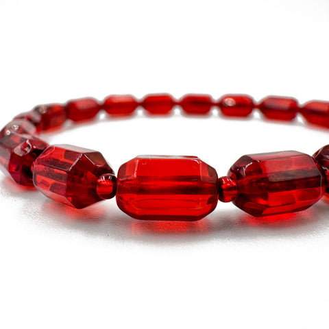 Red Amber Faceted Barrel Beads Stretch Bracelet