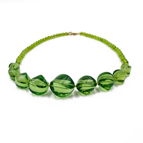 Green Amber Round & Twisted Olive Beads Necklace