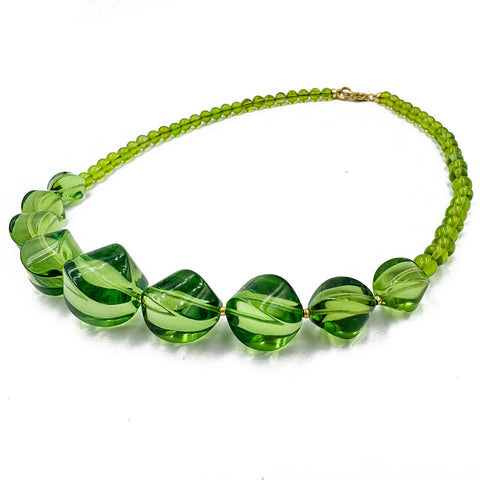 Green Amber Round & Twisted Olive Beads Necklace