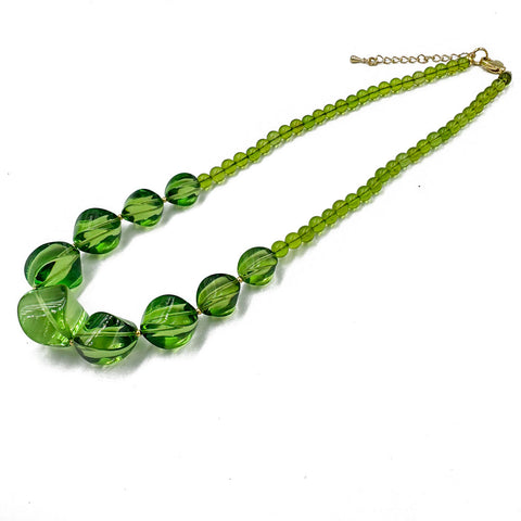 Green Amber Round & Twisted Olive Beads Necklace