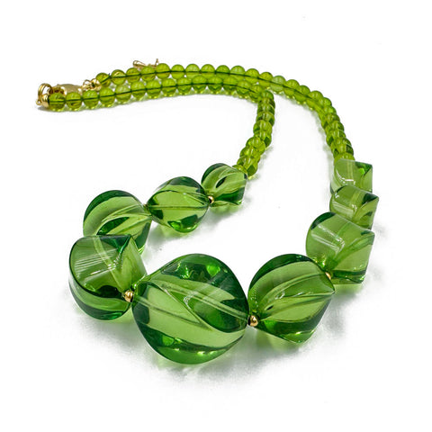 Green Amber Round & Twisted Olive Beads Necklace