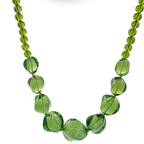 Green Amber Round & Twisted Olive Beads Necklace