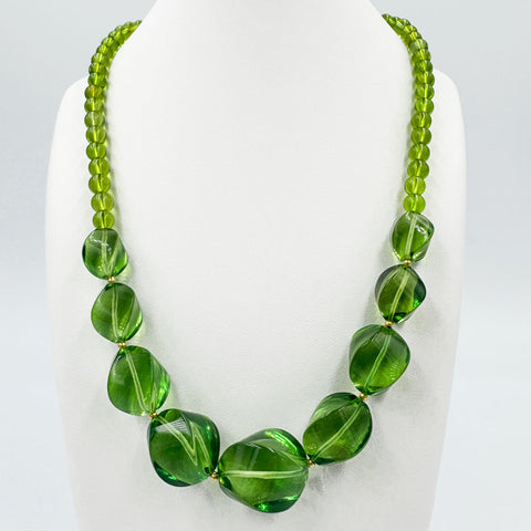 Green Amber Round & Twisted Olive Beads Necklace