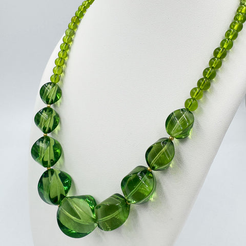 Green Amber Round & Twisted Olive Beads Necklace