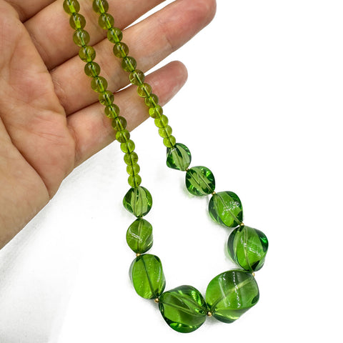 Green Amber Round & Twisted Olive Beads Necklace