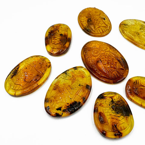 Cognac Amber Handmade Carved Owl Cabochons