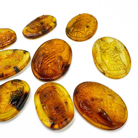 Cognac Amber Handmade Carved Owl Cabochons