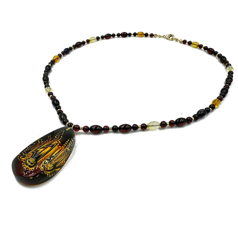 Multi-Color Amber Cabochon Pendant Beaded Necklace 14K Gold Plated