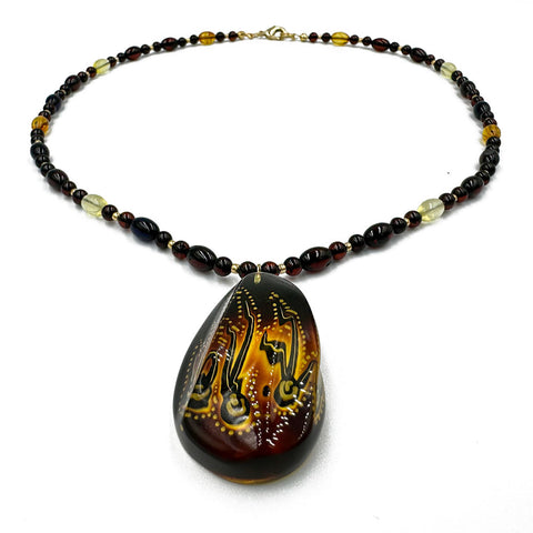 Multi-Color Amber Cabochon Pendant Beaded Necklace 14K Gold Plated