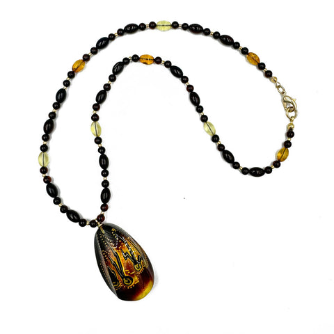 Multi-Color Amber Cabochon Pendant Beaded Necklace 14K Gold Plated