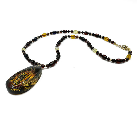 Multi-Color Amber Cabochon Pendant Beaded Necklace 14K Gold Plated