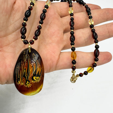 Multi-Color Amber Cabochon Pendant Beaded Necklace 14K Gold Plated