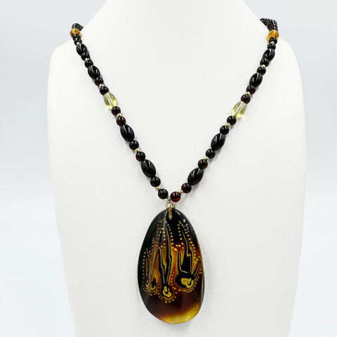 Multi-Color Amber Cabochon Pendant Beaded Necklace 14K Gold Plated