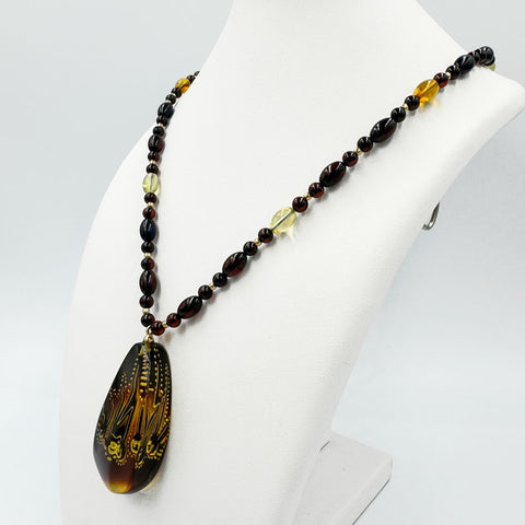 Multi-Color Amber Cabochon Pendant Beaded Necklace 14K Gold Plated