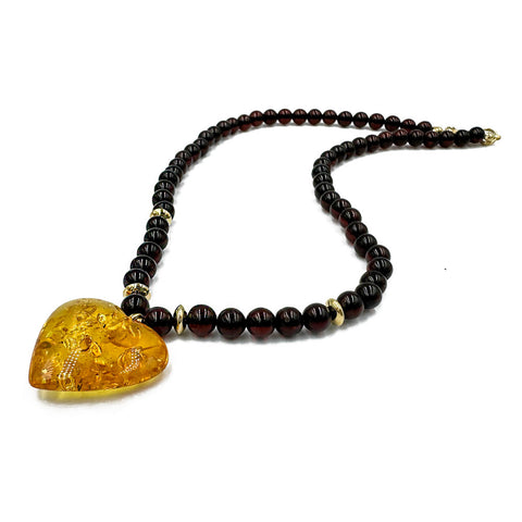 Multi-Color Amber Heart Pendant Beaded Necklace 14K Gold Plated