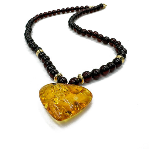 Multi-Color Amber Heart Pendant Beaded Necklace 14K Gold Plated