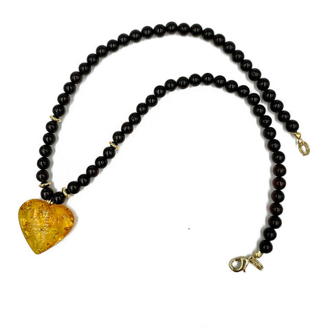 Multi-Color Amber Heart Pendant Beaded Necklace 14K Gold Plated