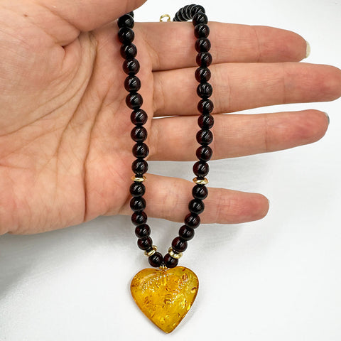 Multi-Color Amber Heart Pendant Beaded Necklace 14K Gold Plated