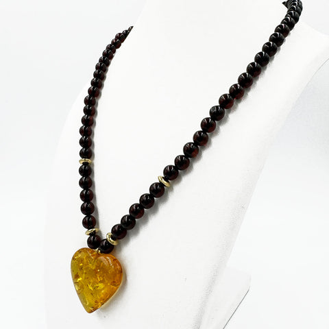 Multi-Color Amber Heart Pendant Beaded Necklace 14K Gold Plated