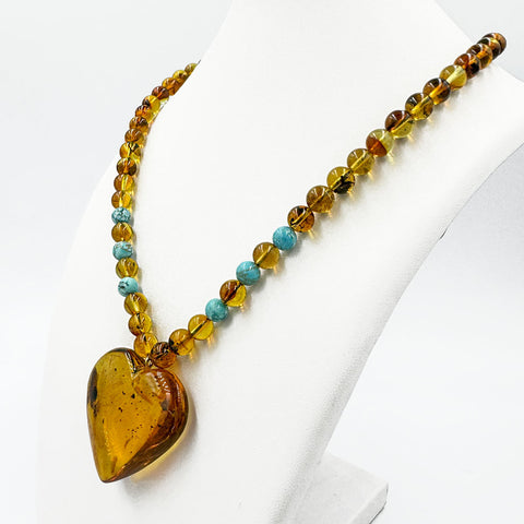 Fossil Amber Heart Pendant Beaded Necklace 14K Gold Plated