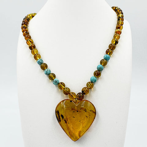 Fossil Amber Heart Pendant Beaded Necklace 14K Gold Plated