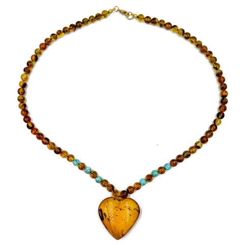 Fossil Amber Heart Pendant Beaded Necklace 14K Gold Plated