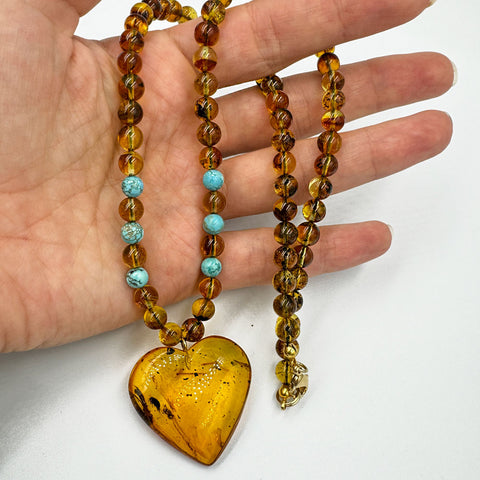 Fossil Amber Heart Pendant Beaded Necklace 14K Gold Plated