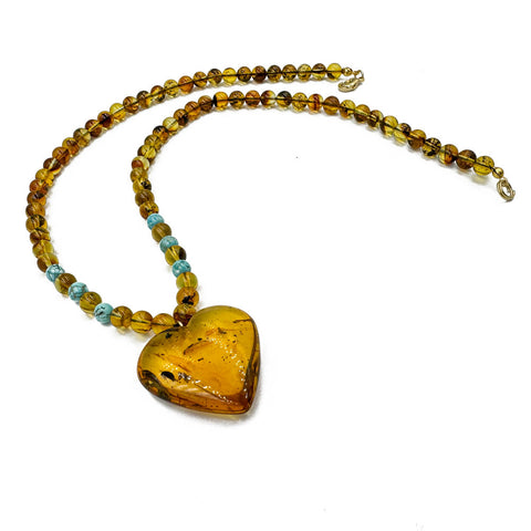 Fossil Amber Heart Pendant Beaded Necklace 14K Gold Plated