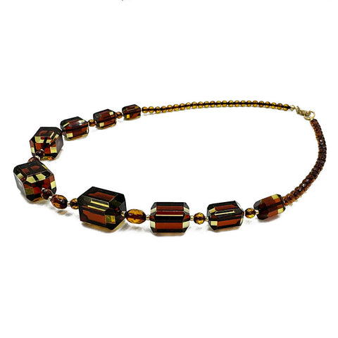 Two-Tone Amber Faceted Barrel & Round Beads Necklace 14K Gold Plated