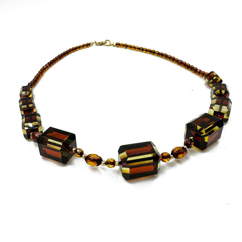 Two-Tone Amber Faceted Barrel & Round Beads Necklace 14K Gold Plated