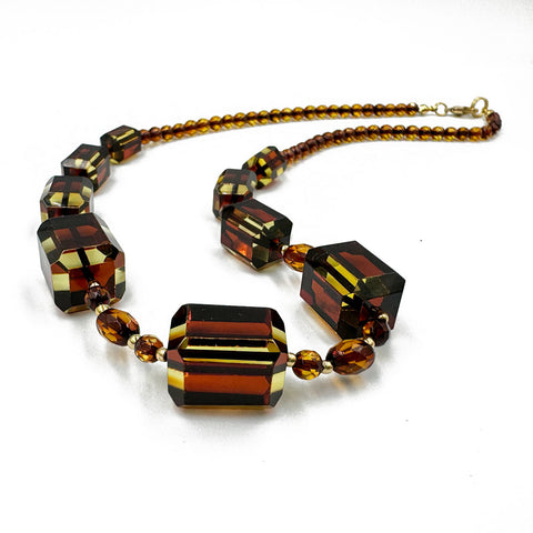 Two-Tone Amber Faceted Barrel & Round Beads Necklace 14K Gold Plated