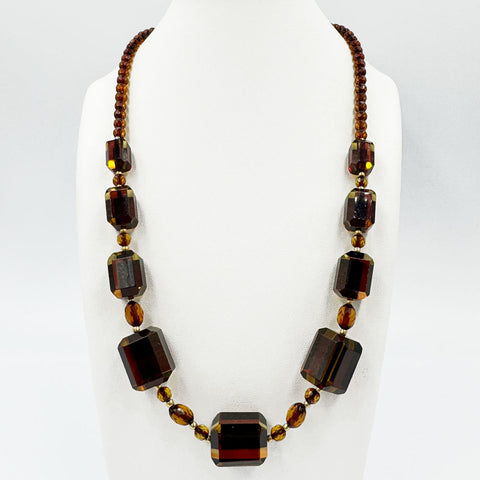 Two-Tone Amber Faceted Barrel & Round Beads Necklace 14K Gold Plated