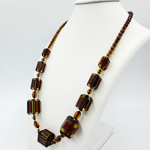 Two-Tone Amber Faceted Barrel & Round Beads Necklace 14K Gold Plated