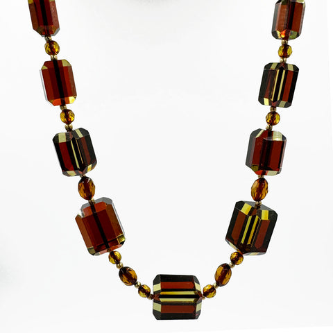 Two-Tone Amber Faceted Barrel & Round Beads Necklace 14K Gold Plated