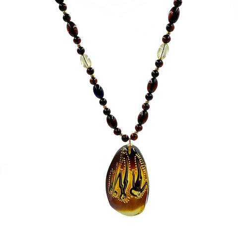 Multi-Color Amber Cabochon Pendant Beaded Necklace 14K Gold Plated