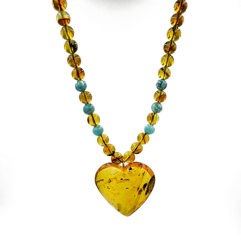 Fossil Amber Heart Pendant Beaded Necklace 14K Gold Plated