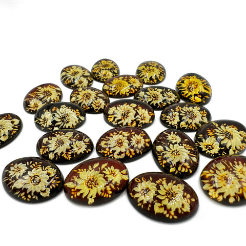 Cherry Amber Engraved Sunflower Oval Shape Cabochon